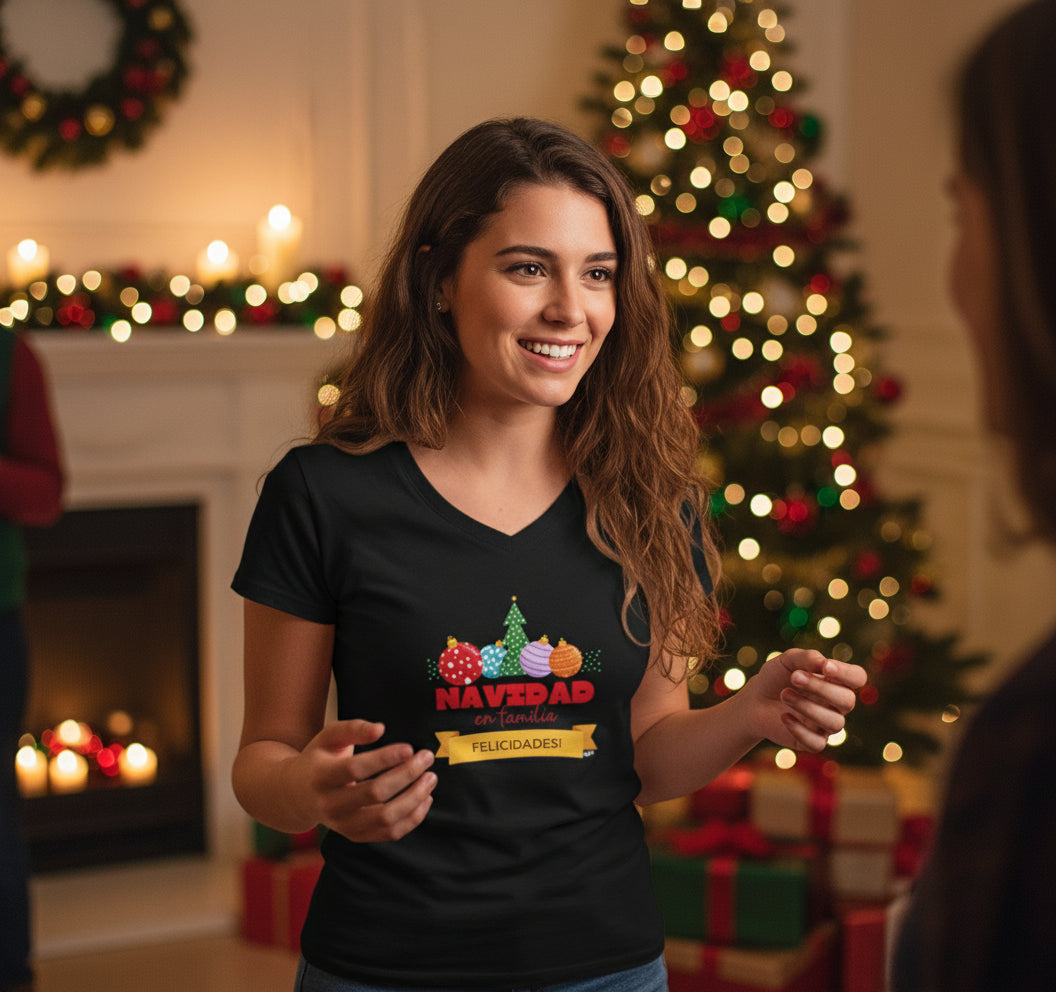 Womens Navidad en Familia V-Neck T-Shirt