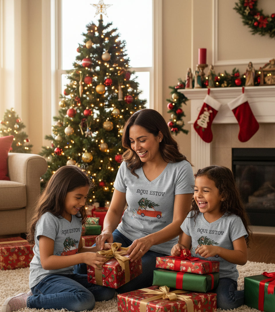 Womens Aqui Estoy celebrando la Navidad V-Neck T-Shirt