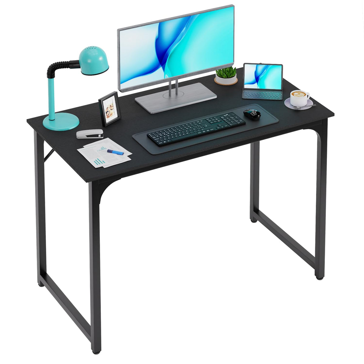 PayLessHere | Escritorio para computadora de 32 pulgadas | color café | Escritorio de oficina con estructura metálica, patas ajustables | Superficie resistente al agua y a los arañazos | Mesa de