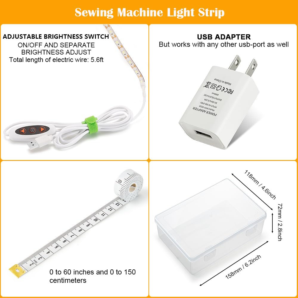 Tira de luz para máquina de coser, tira de luz LED adhesiva de 11.8 pulgadas, tira de luz decorativa regulable de varios niveles, lámpara de costura USB conectable, cable de alimentación de 5.6 pies, luz blanca fría