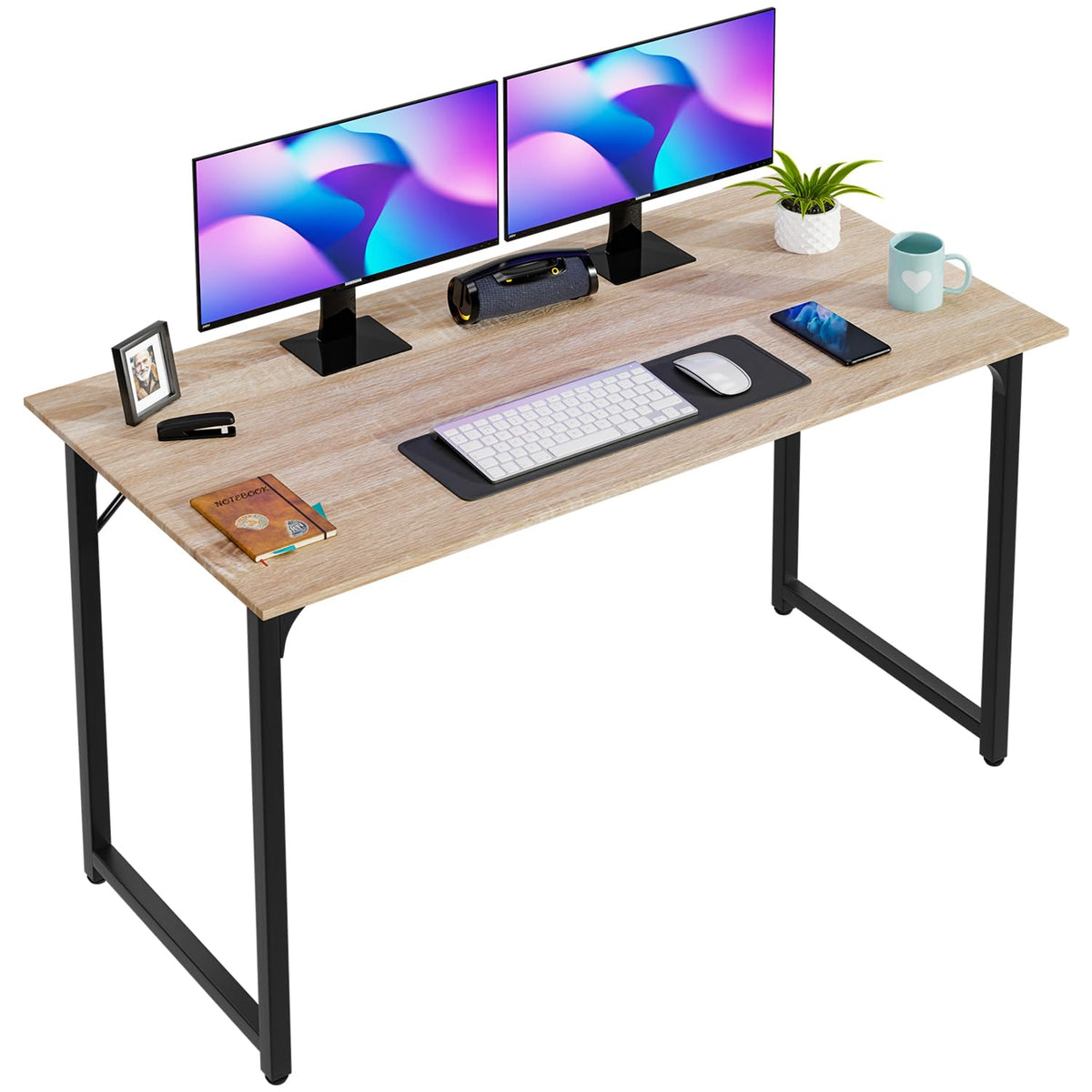 PayLessHere | Escritorio para computadora de 32 pulgadas | color café | Escritorio de oficina con estructura metálica, patas ajustables | Superficie resistente al agua y a los arañazos | Mesa de