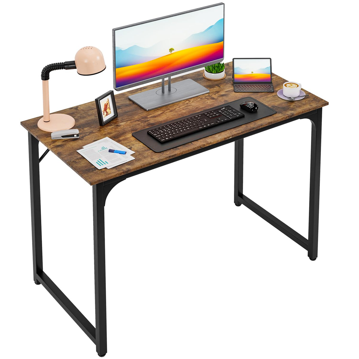 PayLessHere | Escritorio para computadora de 32 pulgadas | color café | Escritorio de oficina con estructura metálica, patas ajustables | Superficie resistente al agua y a los arañazos | Mesa de