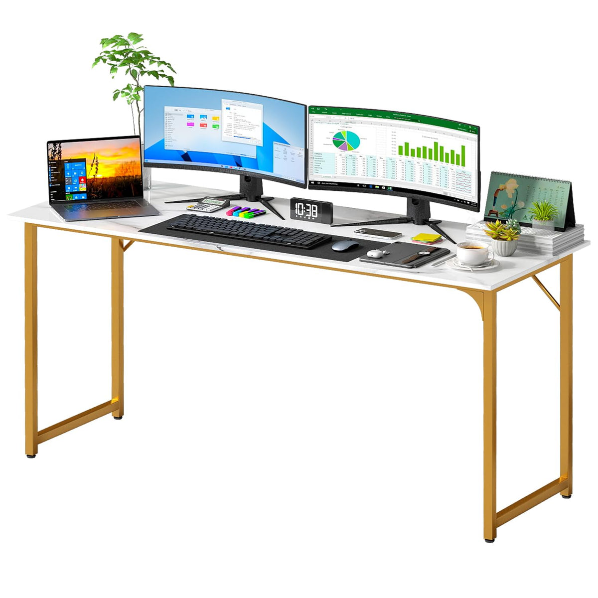 PayLessHere | Escritorio para computadora de 32 pulgadas | color café | Escritorio de oficina con estructura metálica, patas ajustables | Superficie resistente al agua y a los arañazos | Mesa de