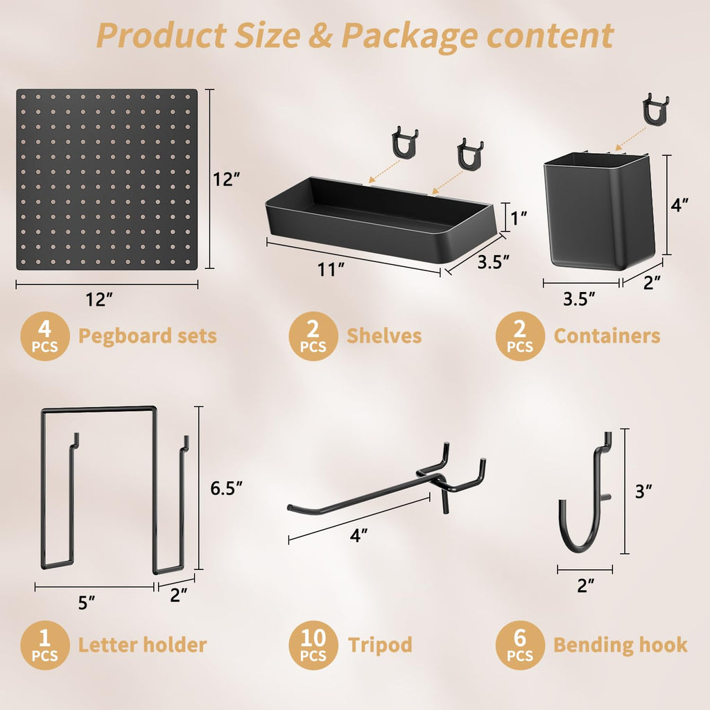 FZK Tablero de clavijas, kit de 36 piezas, incluye 4 tableros blancos y accesorios, tablero de clavijas de plástico, con ganchos, organizador de pared para oficina, sala de manualidades