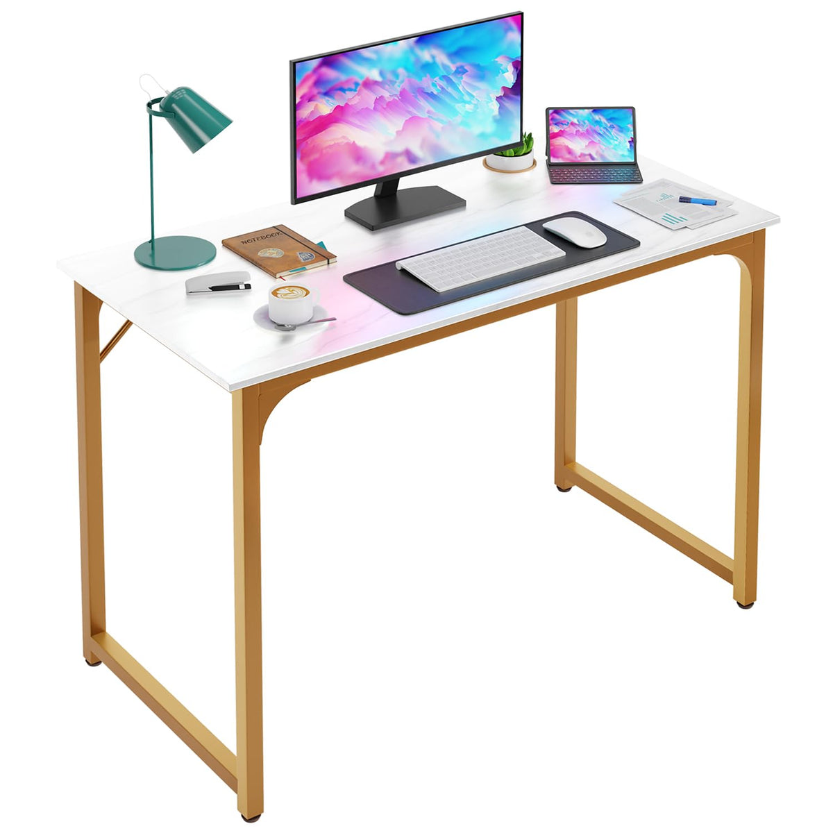 PayLessHere | Escritorio para computadora de 32 pulgadas | color café | Escritorio de oficina con estructura metálica, patas ajustables | Superficie resistente al agua y a los arañazos | Mesa de