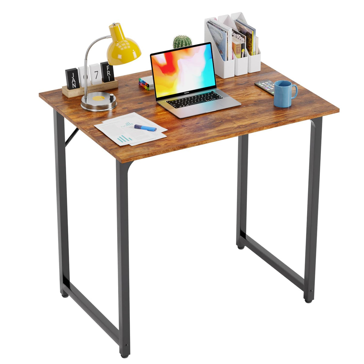 PayLessHere | Escritorio para computadora de 32 pulgadas | color café | Escritorio de oficina con estructura metálica, patas ajustables | Superficie resistente al agua y a los arañazos | Mesa de