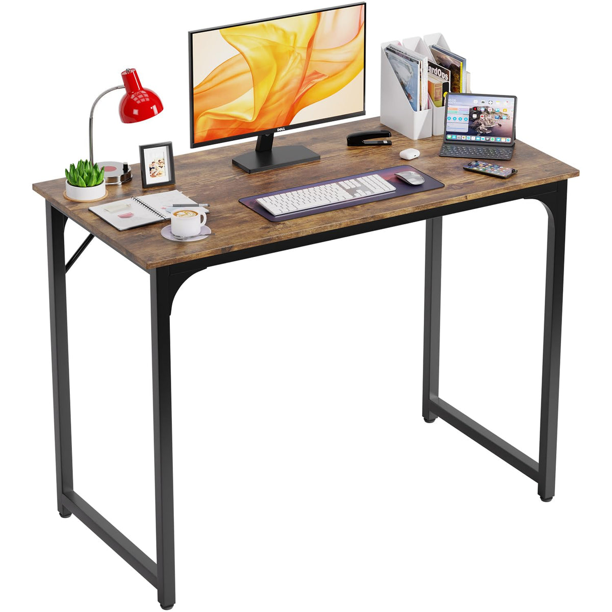PayLessHere | Escritorio para computadora de 32 pulgadas | color café | Escritorio de oficina con estructura metálica, patas ajustables | Superficie resistente al agua y a los arañazos | Mesa de
