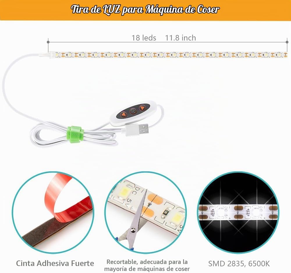Tira de luz para máquina de coser, tira de luz LED adhesiva de 11.8 pulgadas, tira de luz decorativa regulable de varios niveles, lámpara de costura USB conectable, cable de alimentación de 5.6 pies, luz blanca fría