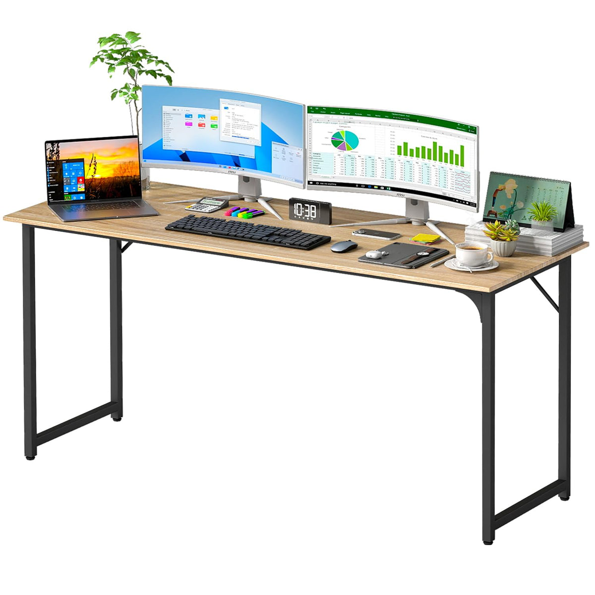 PayLessHere | Escritorio para computadora de 32 pulgadas | color café | Escritorio de oficina con estructura metálica, patas ajustables | Superficie resistente al agua y a los arañazos | Mesa de