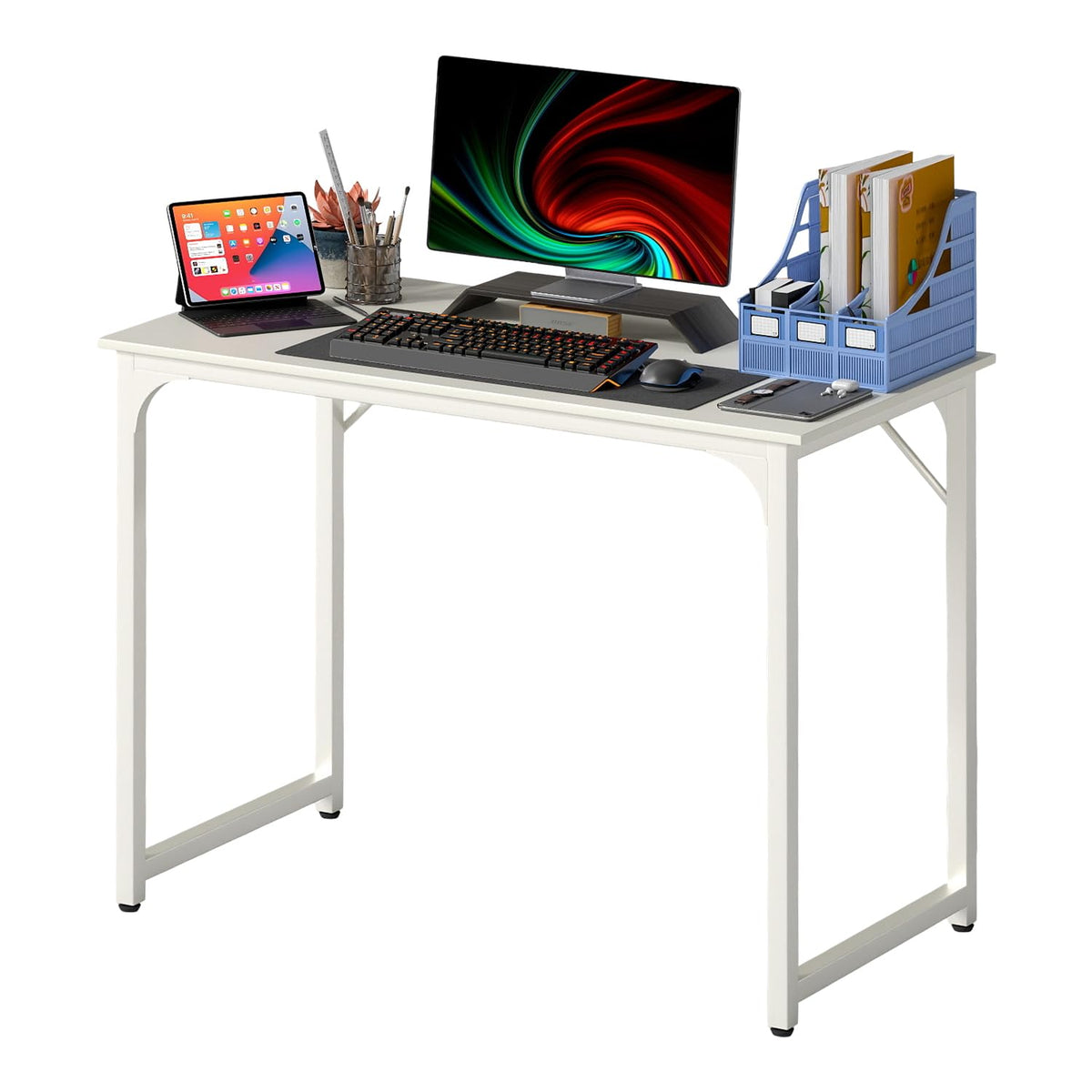 PayLessHere | Escritorio para computadora de 32 pulgadas | color café | Escritorio de oficina con estructura metálica, patas ajustables | Superficie resistente al agua y a los arañazos | Mesa de
