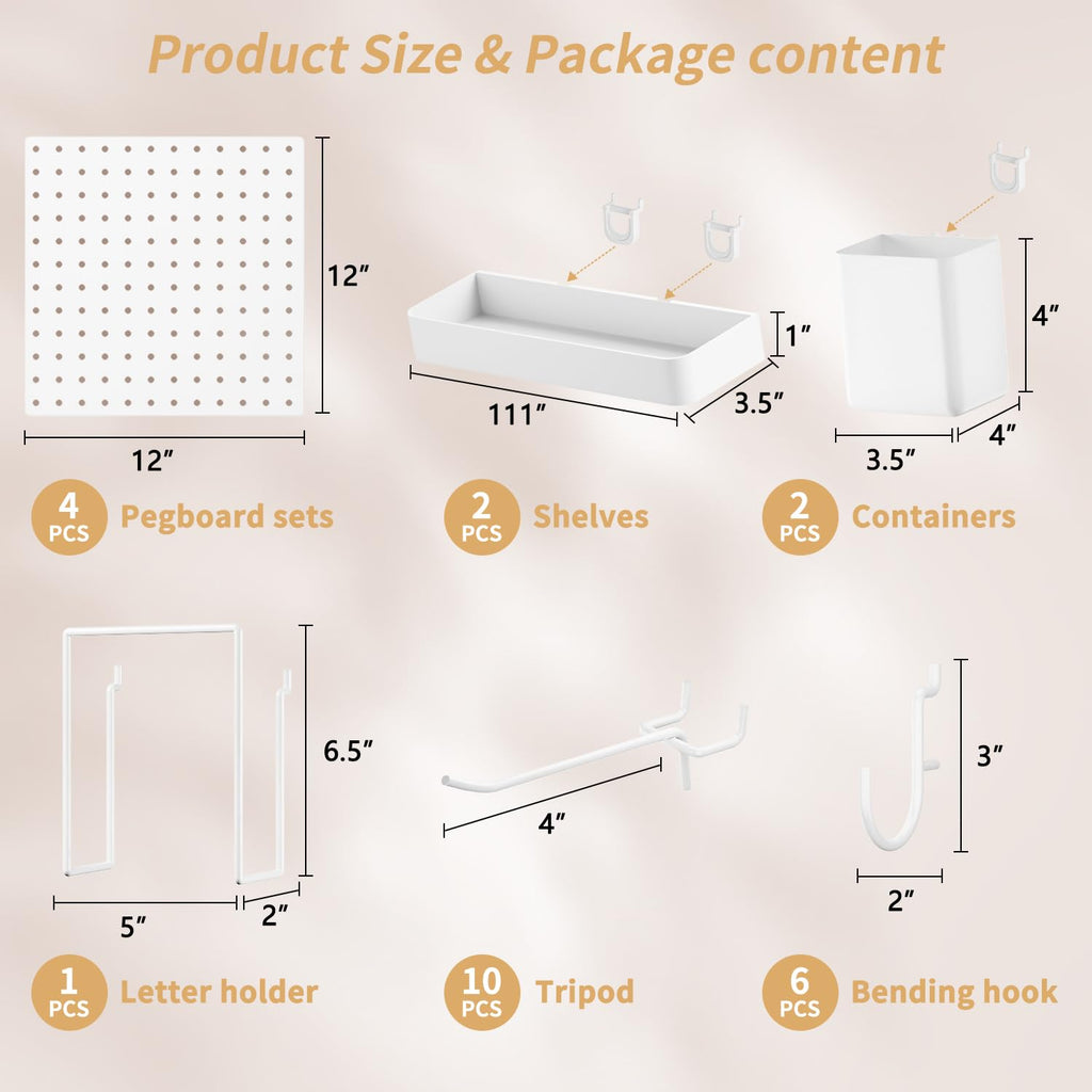 FZK Tablero de clavijas, kit de 36 piezas, incluye 4 tableros blancos y accesorios, tablero de clavijas de plástico, con ganchos, organizador de pared para oficina, sala de manualidades