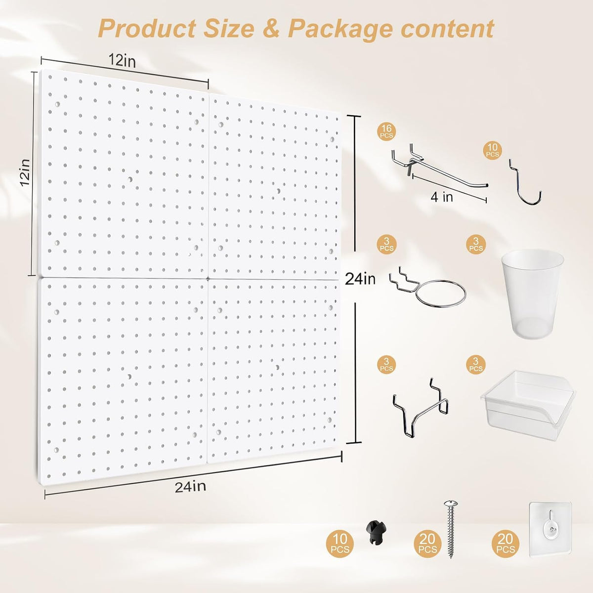 FZK Tablero de clavijas, kit de 36 piezas, incluye 4 tableros blancos y accesorios, tablero de clavijas de plástico, con ganchos, organizador de pared para oficina, sala de manualidades