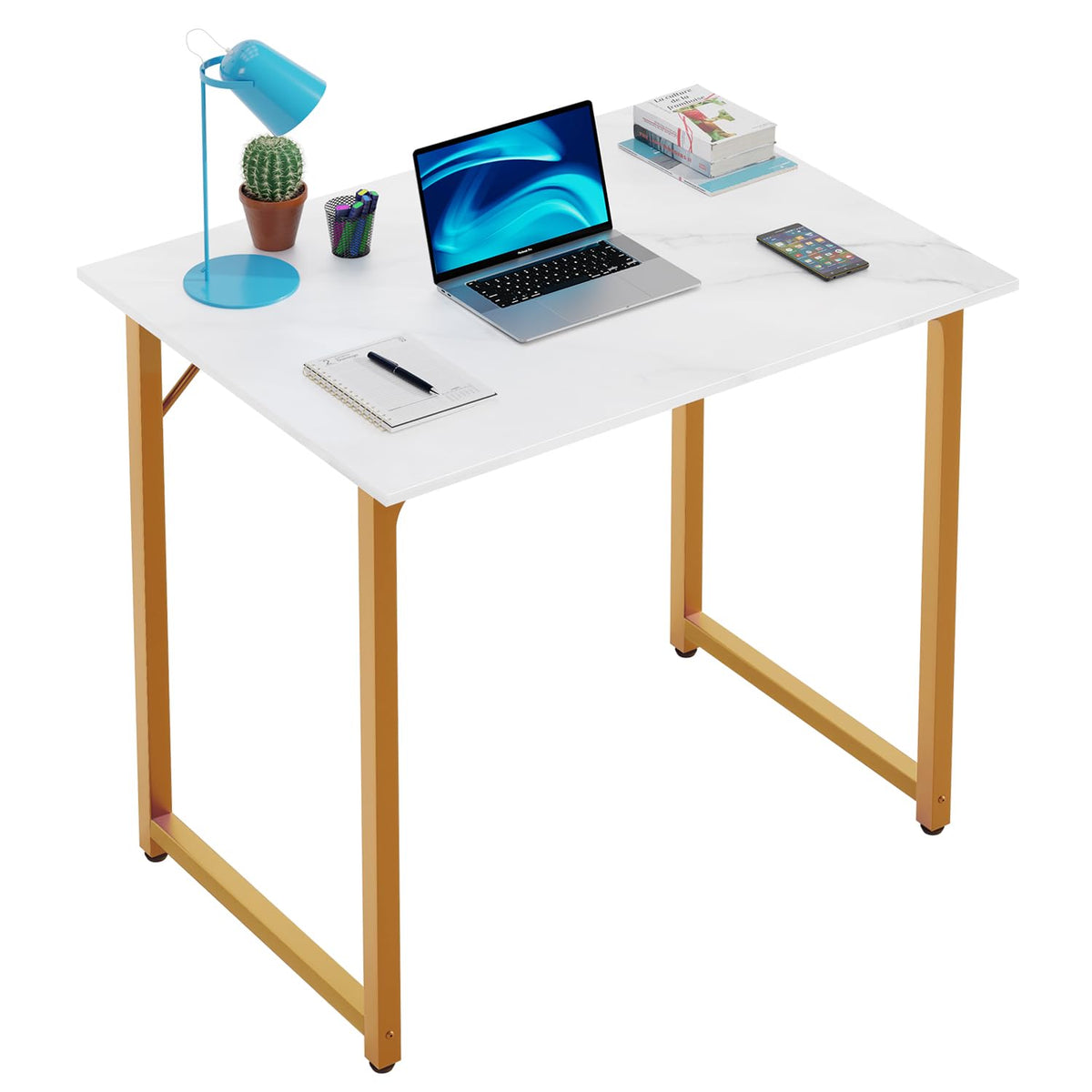 PayLessHere | Escritorio para computadora de 32 pulgadas | color café | Escritorio de oficina con estructura metálica, patas ajustables | Superficie resistente al agua y a los arañazos | Mesa de