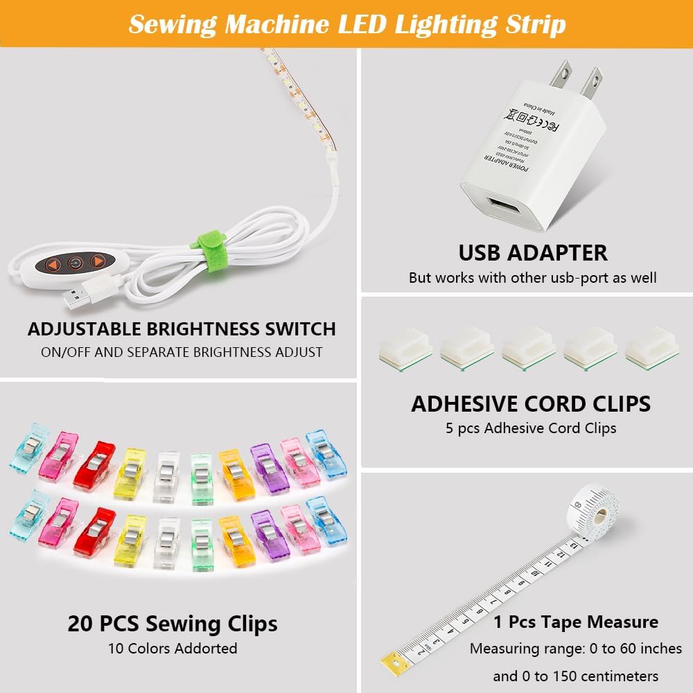 Tira de luz para máquina de coser, tira de luz LED adhesiva de 11.8 pulgadas, tira de luz decorativa regulable de varios niveles, lámpara de costura USB conectable, cable de alimentación de 5.6 pies, luz blanca fría