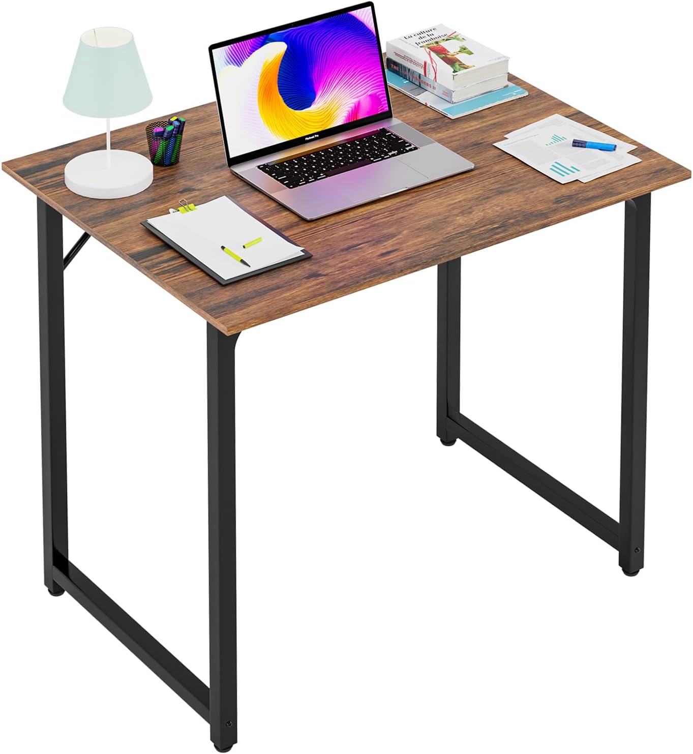 PayLessHere | Escritorio para computadora de 32 pulgadas | color café | Escritorio de oficina con estructura metálica, patas ajustables | Superficie resistente al agua y a los arañazos | Mesa de