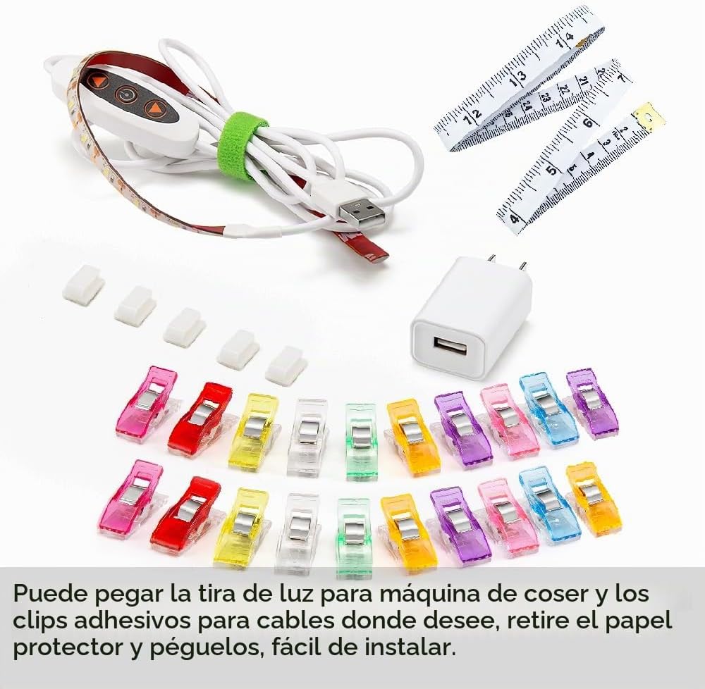 Tira de luz para máquina de coser, tira de luz LED adhesiva de 11.8 pulgadas, tira de luz decorativa regulable de varios niveles, lámpara de costura USB conectable, cable de alimentación de 5.6 pies, luz blanca fría