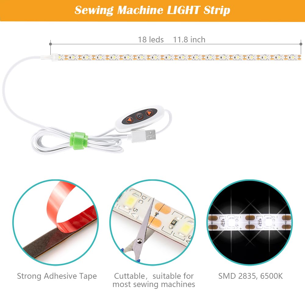 Tira de luz para máquina de coser, tira de luz LED adhesiva de 11.8 pulgadas, tira de luz decorativa regulable de varios niveles, lámpara de costura USB conectable, cable de alimentación de 5.6 pies, luz blanca fría