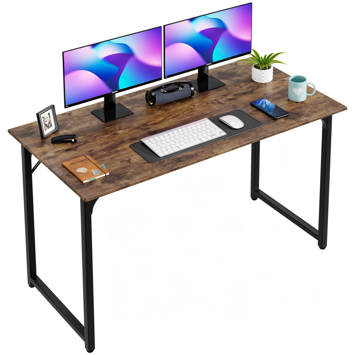 PayLessHere | Escritorio para computadora de 32 pulgadas | color café | Escritorio de oficina con estructura metálica, patas ajustables | Superficie resistente al agua y a los arañazos | Mesa de