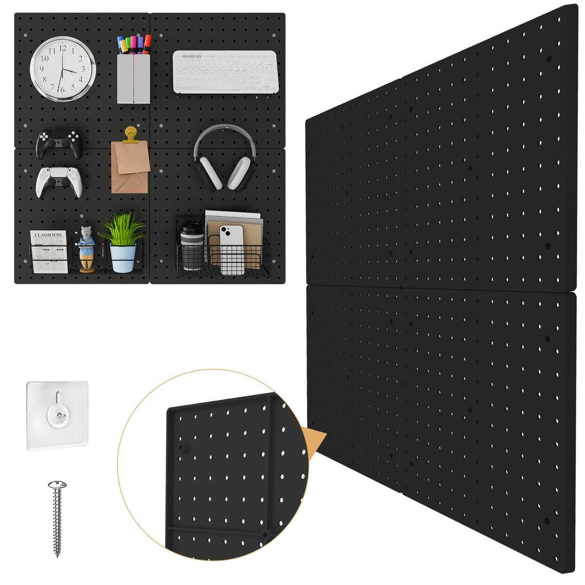 FZK Tablero de clavijas, kit de 36 piezas, incluye 4 tableros blancos y accesorios, tablero de clavijas de plástico, con ganchos, organizador de pared para oficina, sala de manualidades