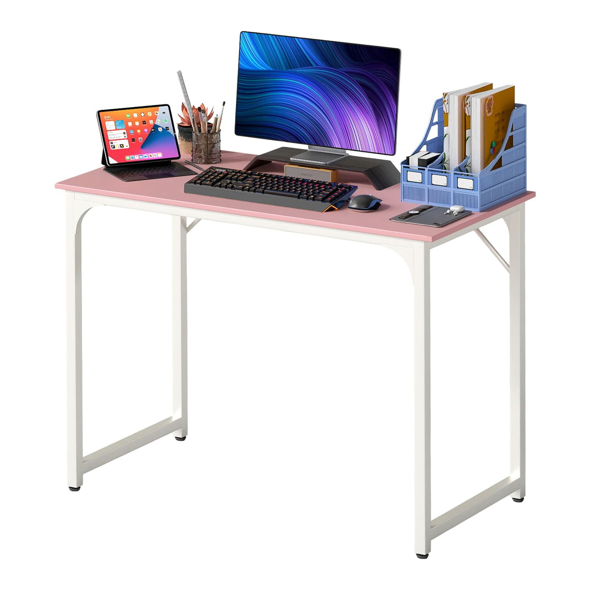 PayLessHere | Escritorio para computadora de 32 pulgadas | color café | Escritorio de oficina con estructura metálica, patas ajustables | Superficie resistente al agua y a los arañazos | Mesa de