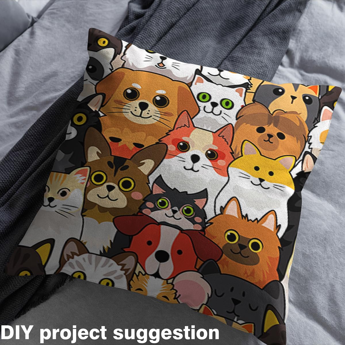 Cartoon Cats Upholstery Fabric By The Yard, Kawai Animals Decorative Fabric for Upholstery and Home DIY Projects, Cute Cat Print Soft Flannel, 1 Yard, Colorful