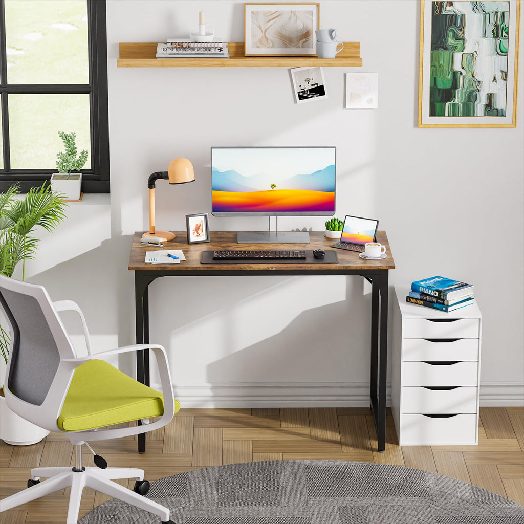 PayLessHere | Escritorio para computadora de 32 pulgadas | color café | Escritorio de oficina con estructura metálica, patas ajustables | Superficie resistente al agua y a los arañazos | Mesa de