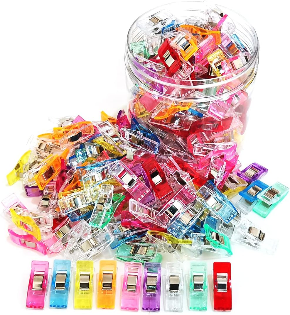 Otylzto Clips de costura, 100 piezas con caja de plástico, clips de acolchado de alta calidad para suministros de herramientas de manualidades, clips de plástico de colores surtidos para manualidades