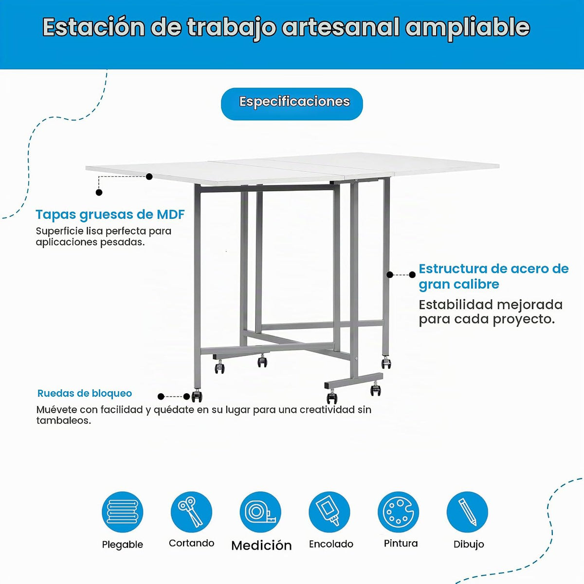 Sew Ready Mesa de pie plegable para manualidades y corte con ruedas, plata/blanco