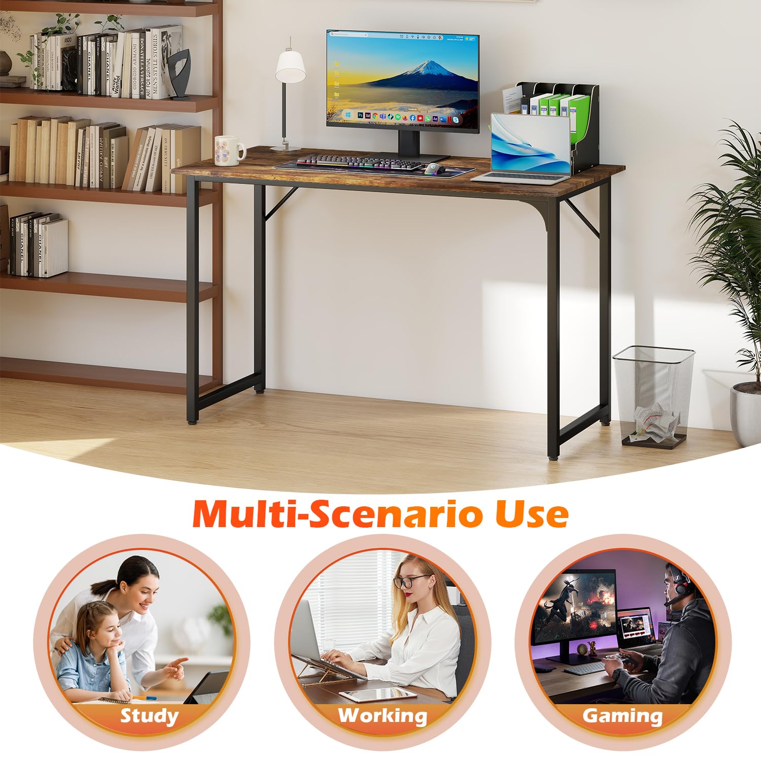 PayLessHere | Escritorio para computadora de 32 pulgadas | color café | Escritorio de oficina con estructura metálica, patas ajustables | Superficie resistente al agua y a los arañazos | Mesa de