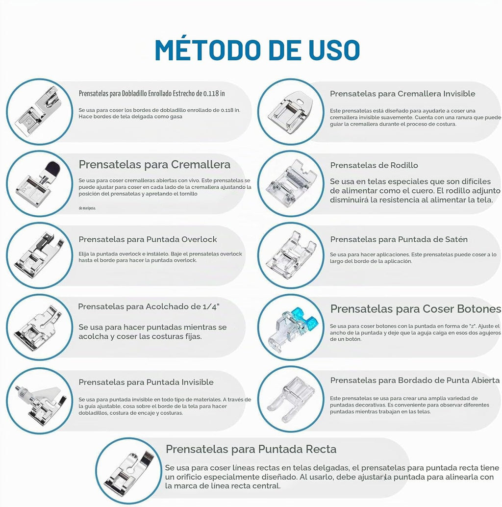 Kit de 11 pies prensatelas para máquina de coser, pies de dobladillo enrollado, pie con cremallera invisible para máquina de coser de vástago bajo, pies a presión compatibles con Singer