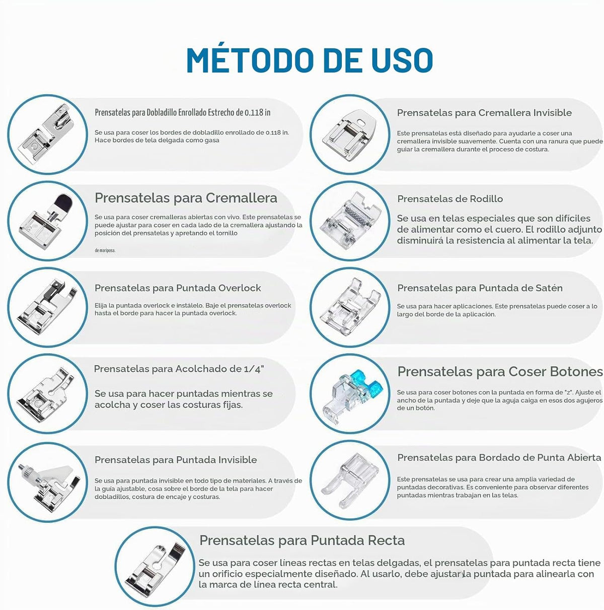 Kit de 11 pies prensatelas para máquina de coser, pies de dobladillo enrollado, pie con cremallera invisible para máquina de coser de vástago bajo, pies a presión compatibles con Singer