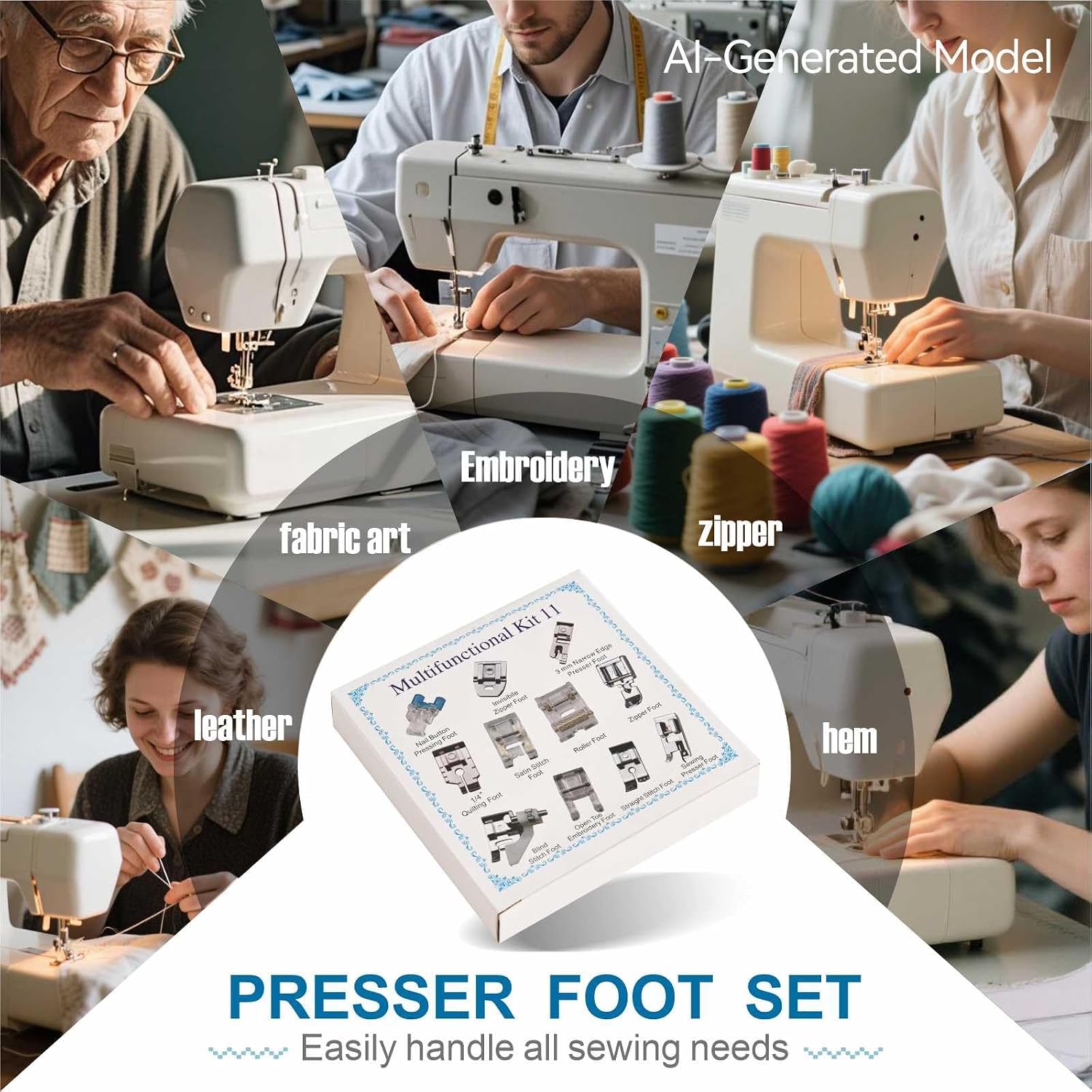 Kit de 11 pies prensatelas para máquina de coser, pies de dobladillo enrollado, pie con cremallera invisible para máquina de coser de vástago bajo, pies a presión compatibles con Singer