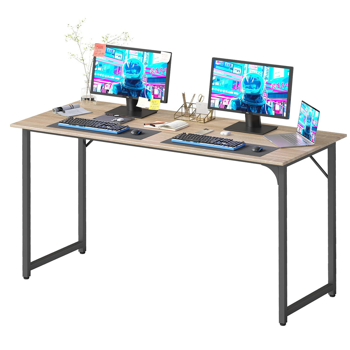 PayLessHere | Escritorio para computadora de 32 pulgadas | color café | Escritorio de oficina con estructura metálica, patas ajustables | Superficie resistente al agua y a los arañazos | Mesa de