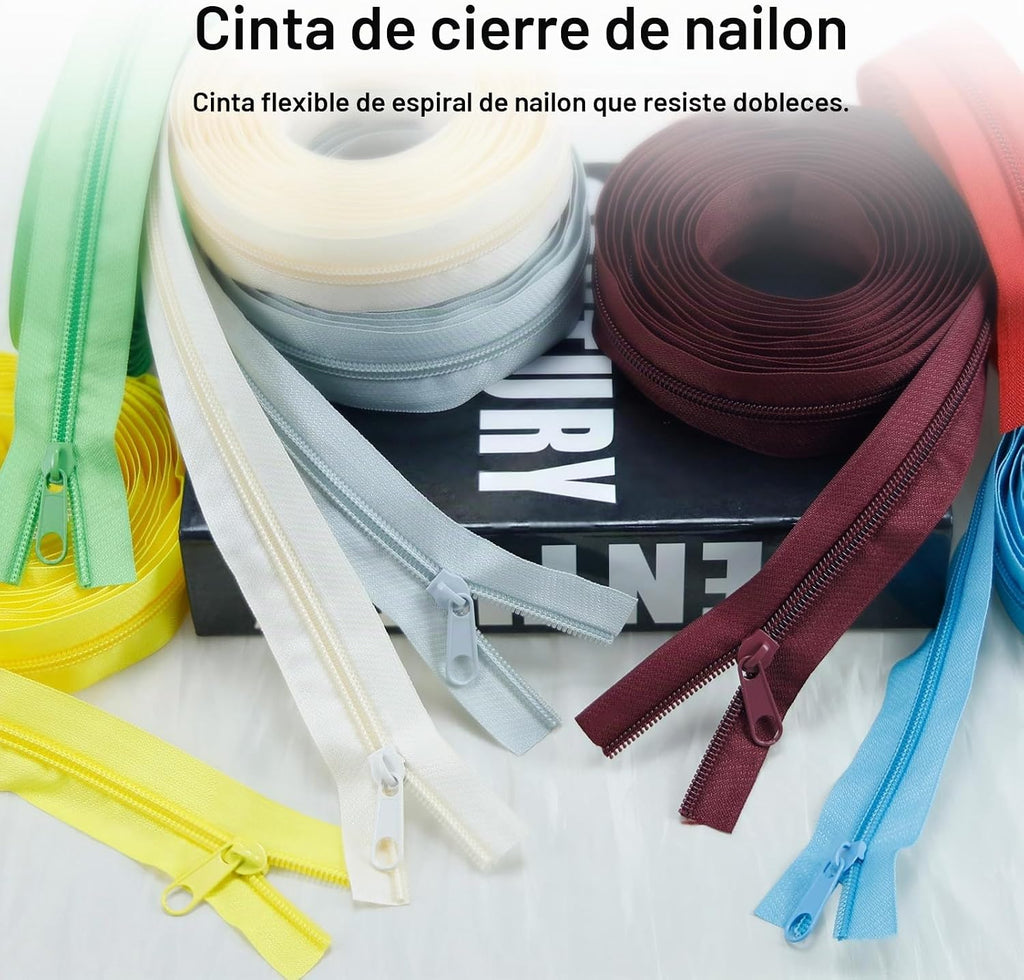 Cinta de Cremallera de Nylon #3 para Costura: YZSFIRM 24 Yardas Serie Gris por Yarda Cremalleras de Bobina de Nylon para Manualidades de Costura DIY con 30 Deslizadores de Cremallera de Metal al Por