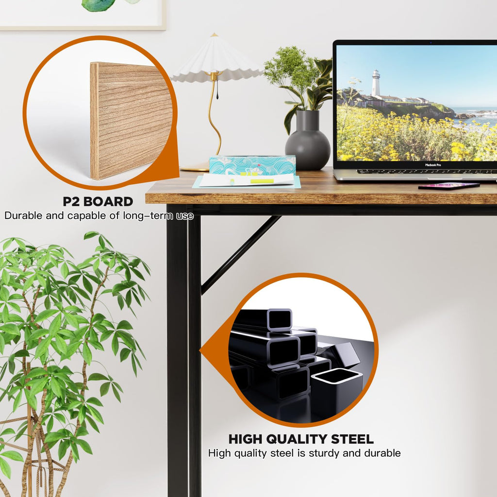PayLessHere | Escritorio para computadora de 32 pulgadas | color café | Escritorio de oficina con estructura metálica, patas ajustables | Superficie resistente al agua y a los arañazos | Mesa de