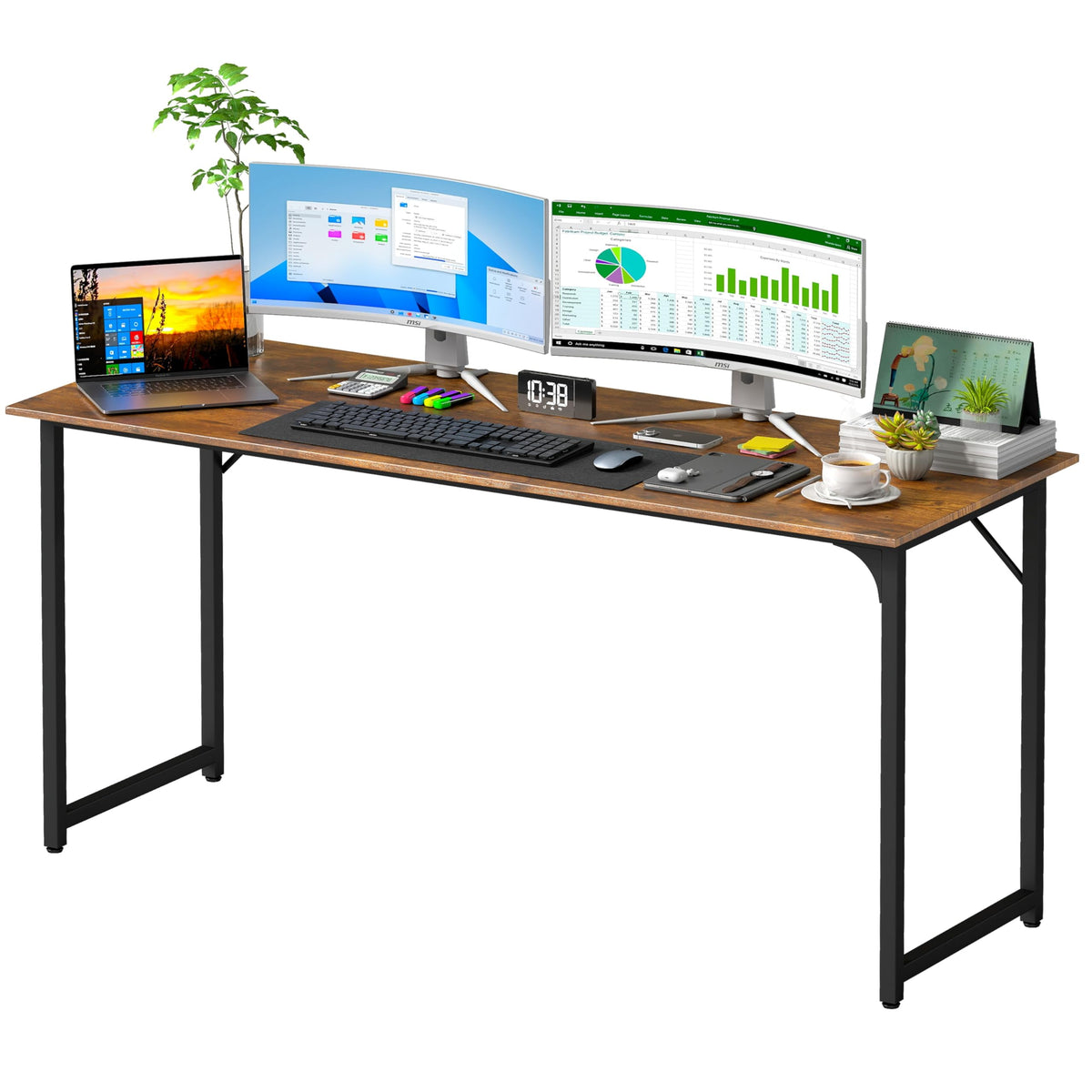 PayLessHere | Escritorio para computadora de 32 pulgadas | color café | Escritorio de oficina con estructura metálica, patas ajustables | Superficie resistente al agua y a los arañazos | Mesa de