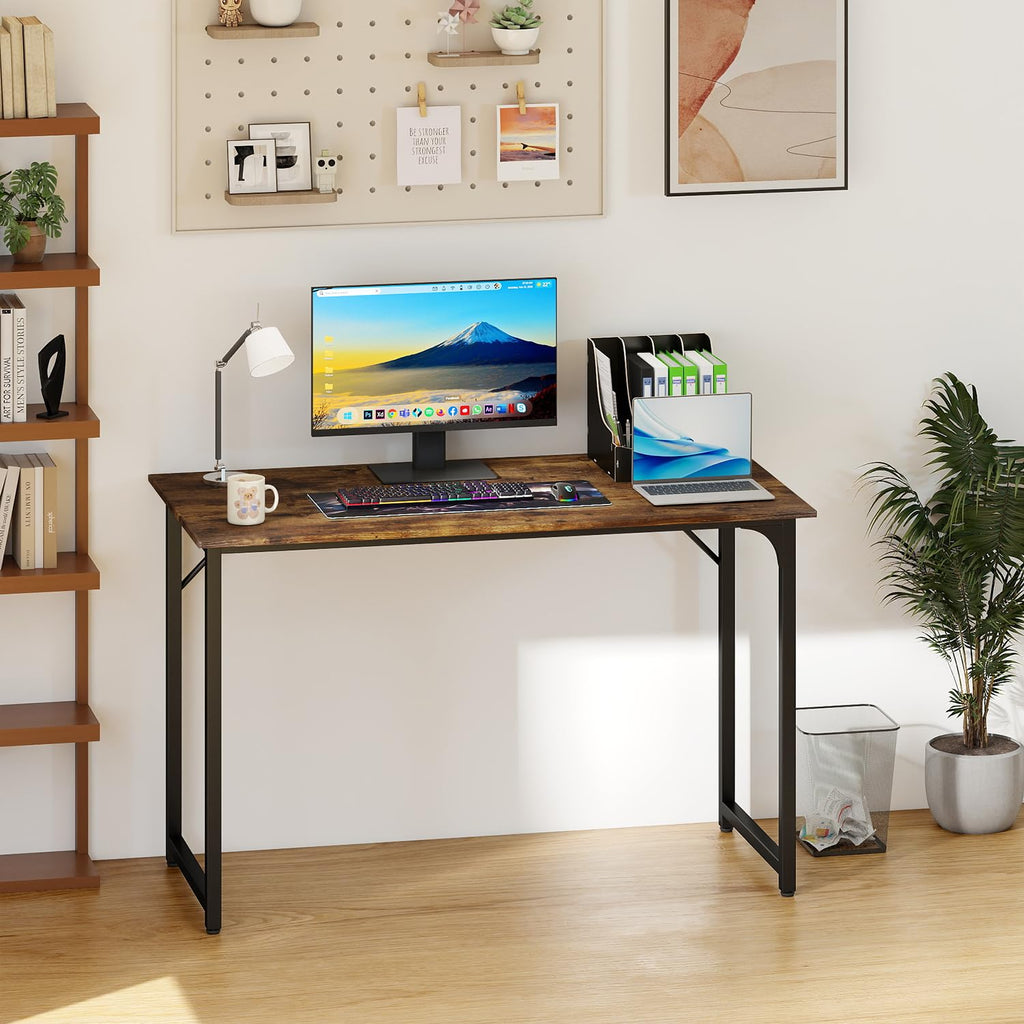 PayLessHere | Escritorio para computadora de 32 pulgadas | color café | Escritorio de oficina con estructura metálica, patas ajustables | Superficie resistente al agua y a los arañazos | Mesa de