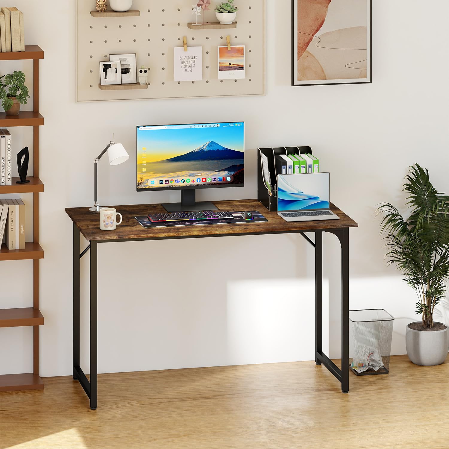 PayLessHere | Escritorio para computadora de 32 pulgadas | color café | Escritorio de oficina con estructura metálica, patas ajustables | Superficie resistente al agua y a los arañazos | Mesa de