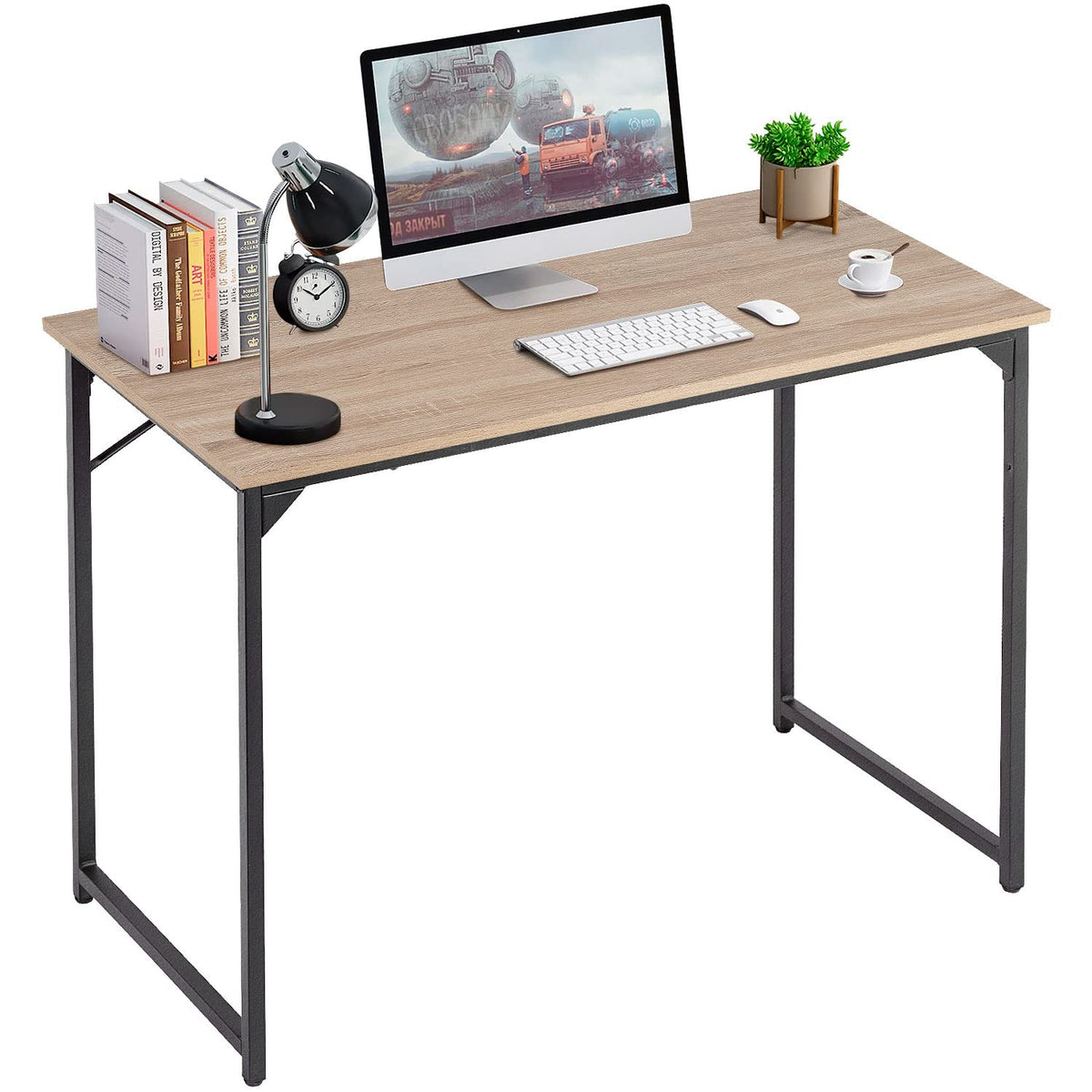 PayLessHere | Escritorio para computadora de 32 pulgadas | color café | Escritorio de oficina con estructura metálica, patas ajustables | Superficie resistente al agua y a los arañazos | Mesa de