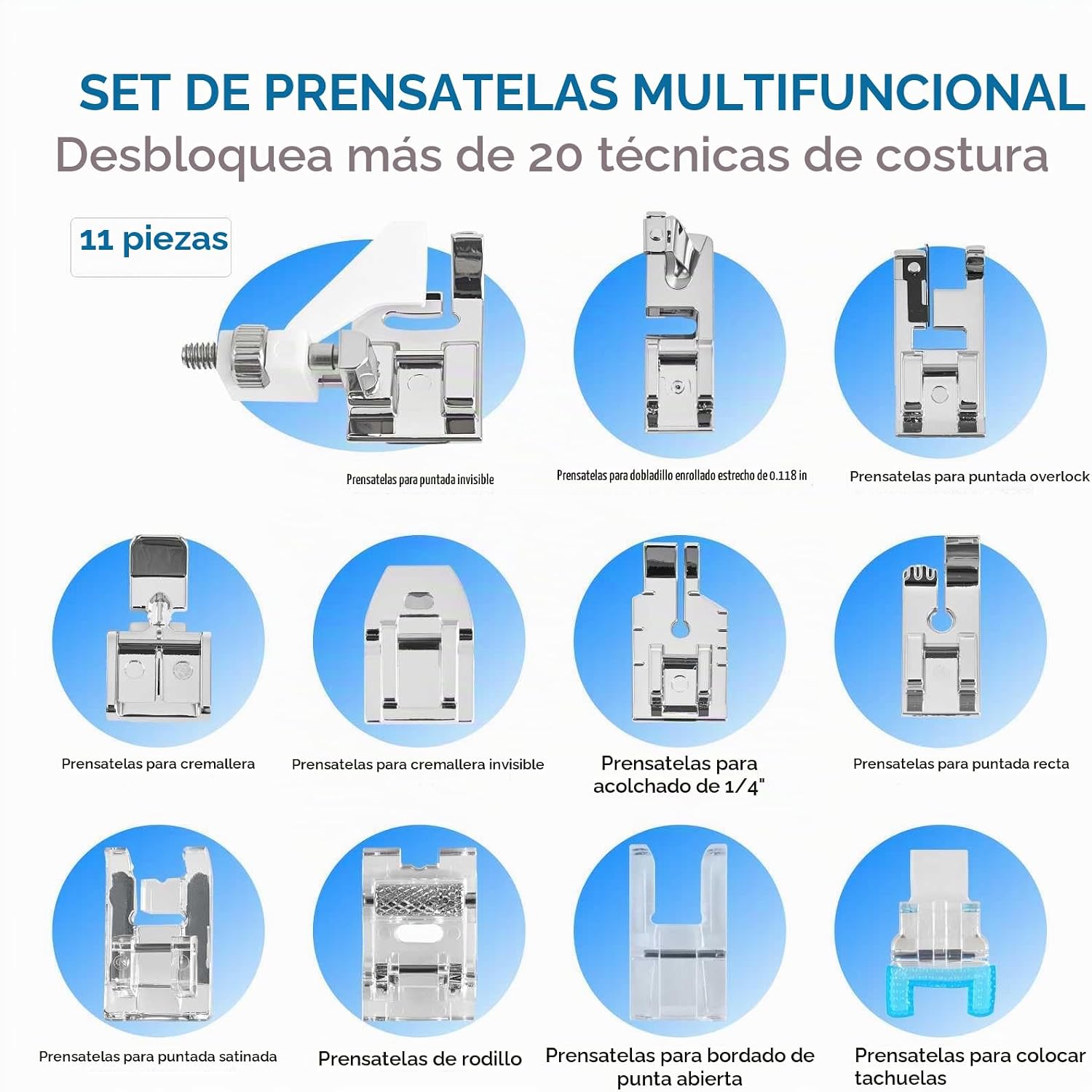 Kit de 11 pies prensatelas para máquina de coser, pies de dobladillo enrollado, pie con cremallera invisible para máquina de coser de vástago bajo, pies a presión compatibles con Singer