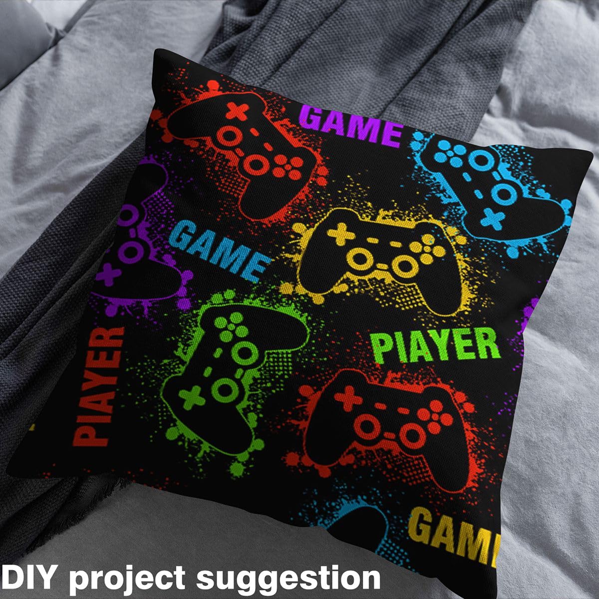 Gaming Fabric by The Yard Hippie Gamer Modern Gamepad Colorful Graffiti DIY Decorative Waterproof Fabric for Outdoor Quilting Sewing Sofa, 1 Yard,Multicolor