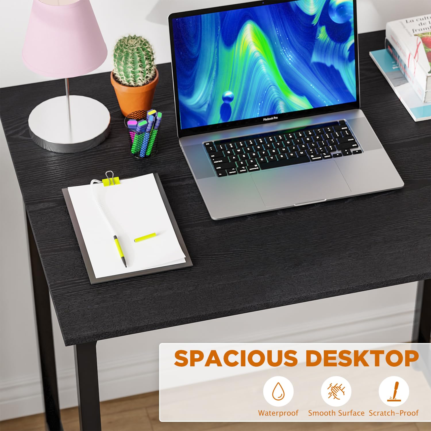 PayLessHere | Escritorio para computadora de 32 pulgadas | color café | Escritorio de oficina con estructura metálica, patas ajustables | Superficie resistente al agua y a los arañazos | Mesa de