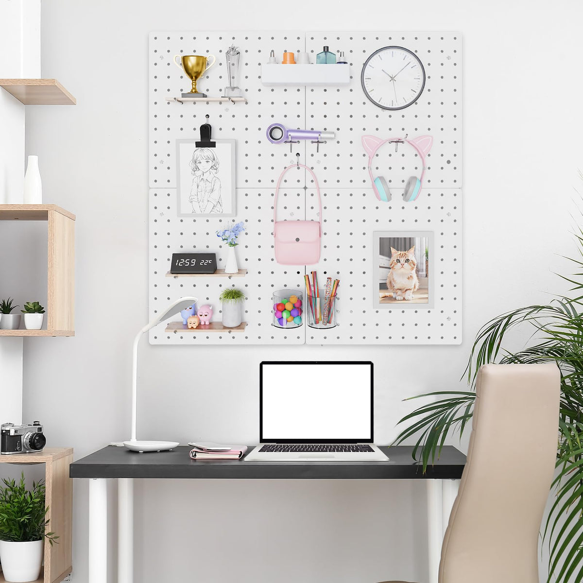 FZK Tablero de clavijas, kit de 36 piezas, incluye 4 tableros blancos y accesorios, tablero de clavijas de plástico, con ganchos, organizador de pared para oficina, sala de manualidades