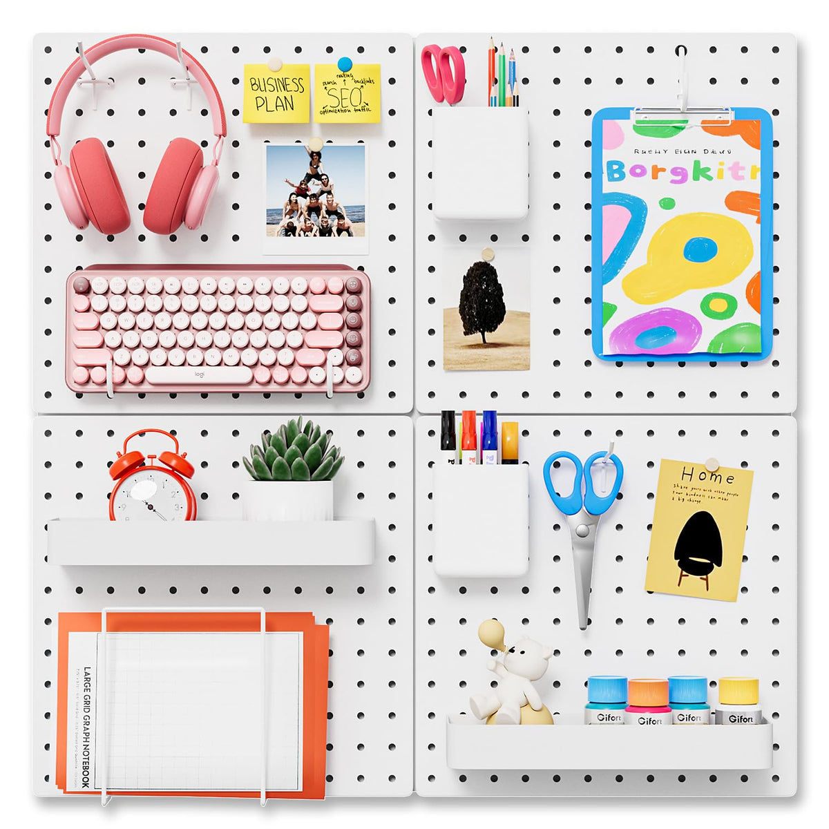 FZK Tablero de clavijas, kit de 36 piezas, incluye 4 tableros blancos y accesorios, tablero de clavijas de plástico, con ganchos, organizador de pared para oficina, sala de manualidades