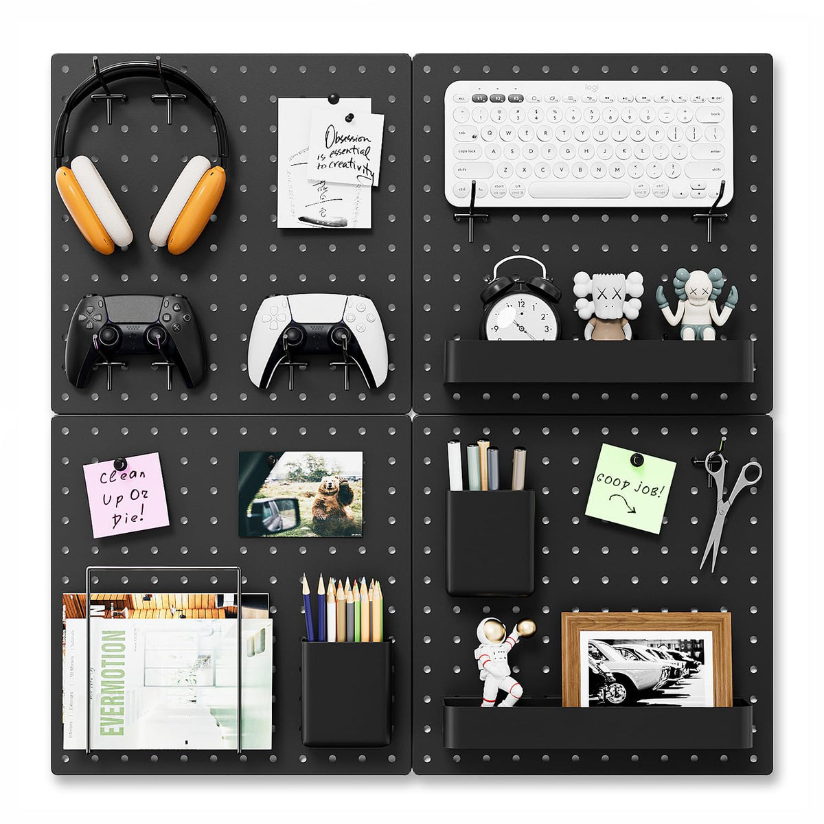 FZK Tablero de clavijas, kit de 36 piezas, incluye 4 tableros blancos y accesorios, tablero de clavijas de plástico, con ganchos, organizador de pared para oficina, sala de manualidades