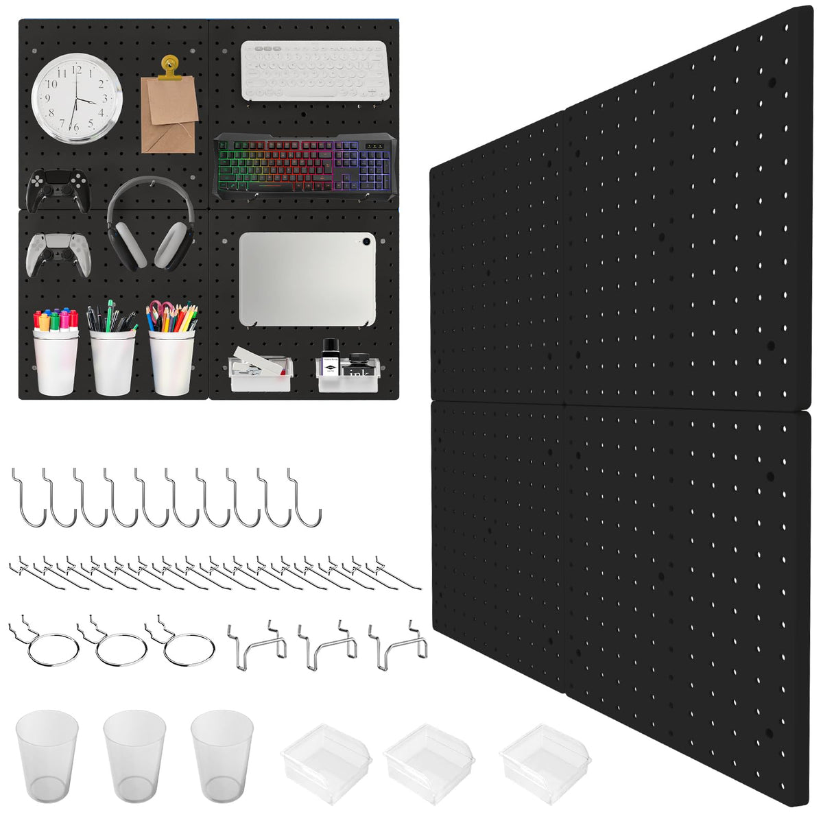 FZK Tablero de clavijas, kit de 36 piezas, incluye 4 tableros blancos y accesorios, tablero de clavijas de plástico, con ganchos, organizador de pared para oficina, sala de manualidades