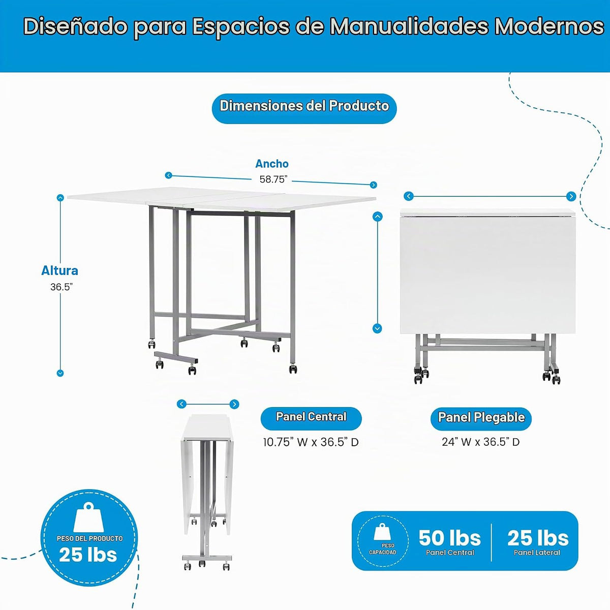 Sew Ready Mesa de pie plegable para manualidades y corte con ruedas, plata/blanco