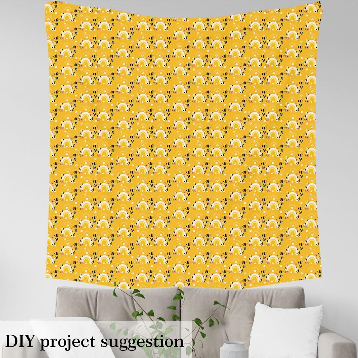 Rainbow Embrace Shine Decorative Fabric by The Yard - White Flower and Yellow Bee Upholstery, Garden Pastoral Style DIY Waterproof for Quilting Sewing, Yellow, 1 Yard