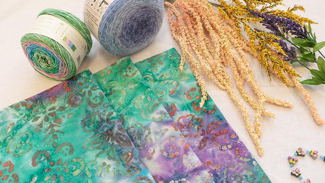 Singer Fabric - 100% Cotton, Batik Collection, Green and Purple Flower, Cut by The Yard, 42 Inches