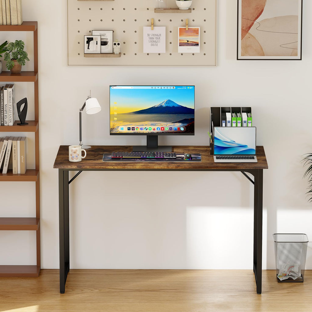PayLessHere | Escritorio para computadora de 32 pulgadas | color café | Escritorio de oficina con estructura metálica, patas ajustables | Superficie resistente al agua y a los arañazos | Mesa de